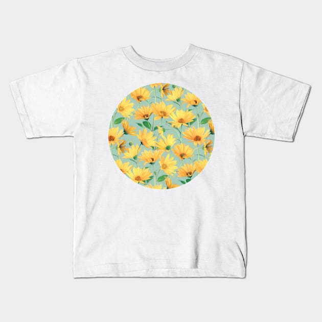 Painted Golden Yellow Daisies on soft sage green Kids T-Shirt by micklyn